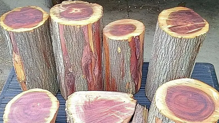 Logs of wood with vivid red and yellow hues stacked on a flat surface.