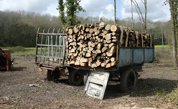 Trailer loaded with cut logs in a forested area.