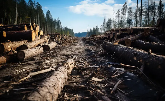 Cleared forest area with logs stacked along a dirt path.