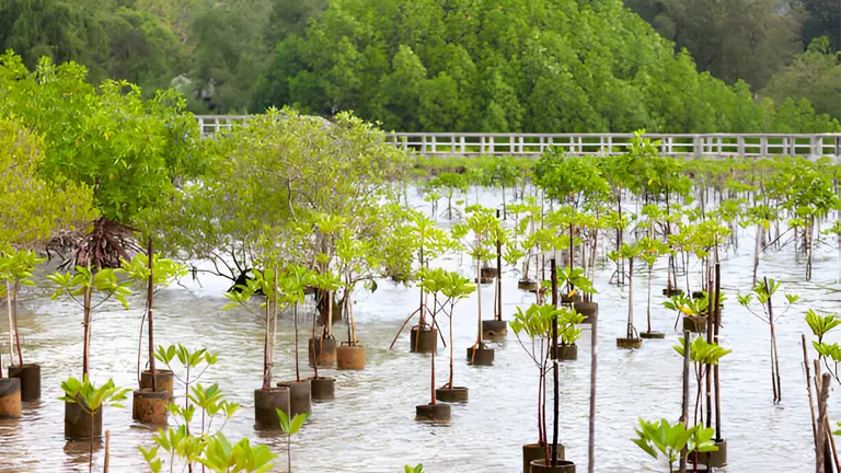 Young trees planted in a flooded area as part of a nature restoration project.