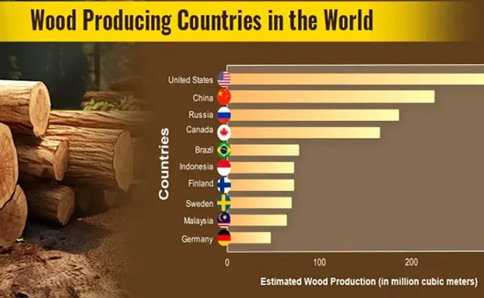 Chart showing top wood-producing countries by estimated production in million cubic meters, led by the U.S., China, and Russia.