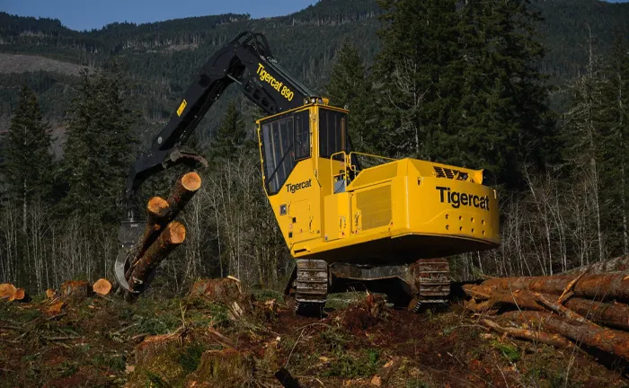 Forestry machine lifting logs in a mountainous forest area.