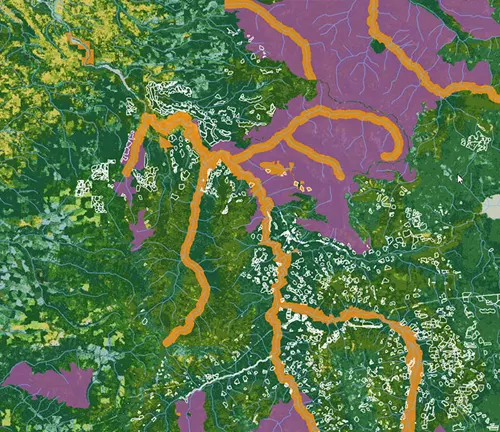Color-coded map showing wildlife habitat areas and corridors for management planning.