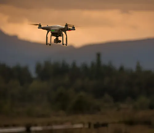 Drone flying over a natural landscape for wildlife habitat monitoring.






