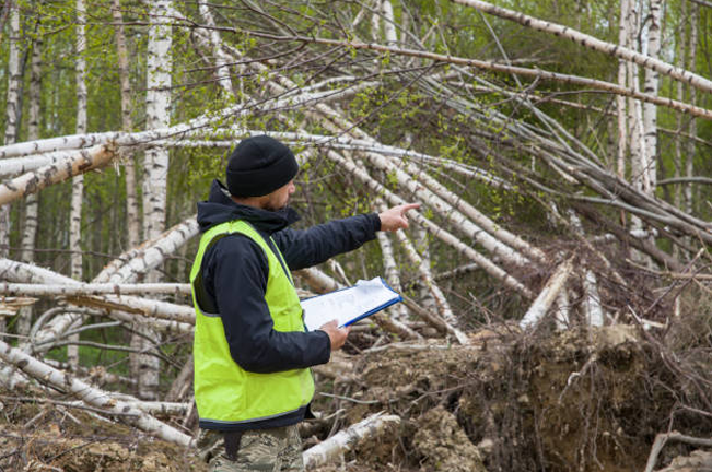 A forestry worker in a neon vest, holding a clipboard, points toward fallen birch trees in a forest. The scene suggests assessment of storm damage or tree management.