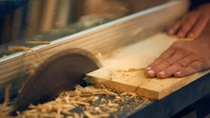 Carpenter using circular saw in workshop