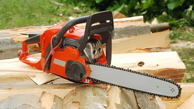 Chainsaw above the wood