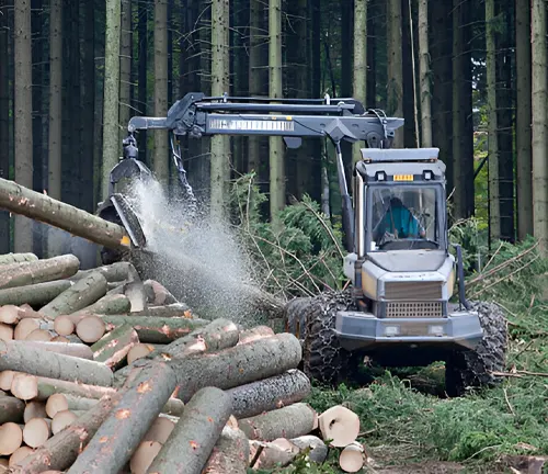 Forestry machine cutting logs in a forest, demonstrating mechanical thinning operations in progress.