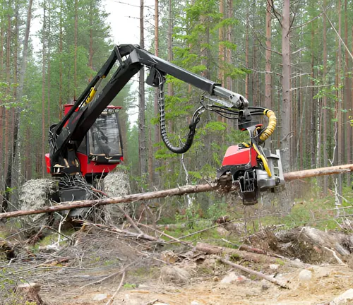 Harvester machine performing multiple functions, including cutting, delimbing, and bucking trees into logs for efficient forestry operations.