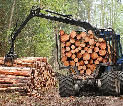 Forwarder machine transporting logs from the felling site to a landing area, minimizing soil disturbance during operations.