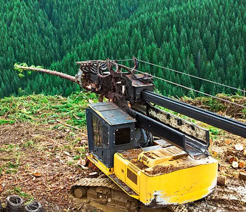 Delimber machine efficiently removing branches from felled trees, preparing them for further processing or transport.