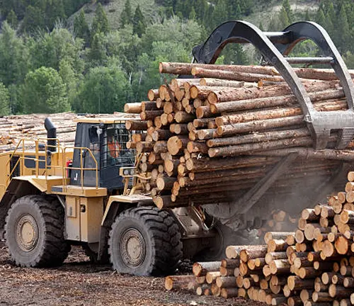 Log loader machine lifting and loading logs onto transport vehicles, ensuring efficient timber handling during forestry operations.