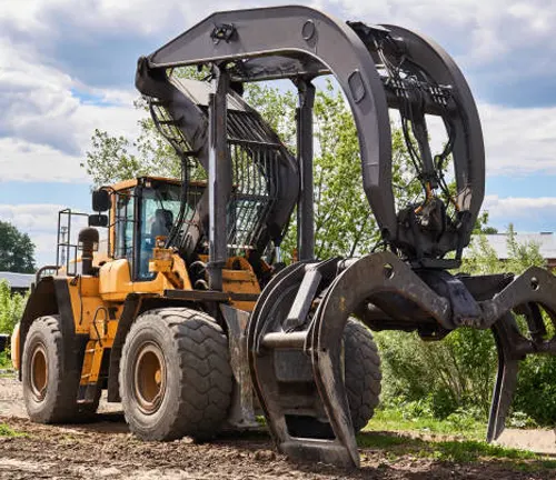 Grapple skidder equipped with a grapple attachment, efficiently dragging and lifting logs during forestry operations.