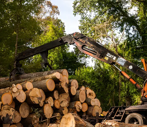 Swing machine equipped with various attachments, sorting and stacking logs efficiently with 360-degree rotation in forestry operations.