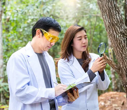 Two scientists inspecting a tree, emphasizing monitoring and pest management in forestry.