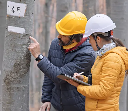 Foresters assess timber quality by examining tree health, straightness, and defects like knots or rot.