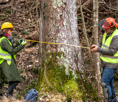 Two forestry consultants measuring a large tree trunk, discussing timber value assessment.