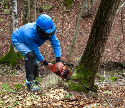 A worker performing thinning from below (low thinning) by removing smaller, suppressed trees with a chainsaw.