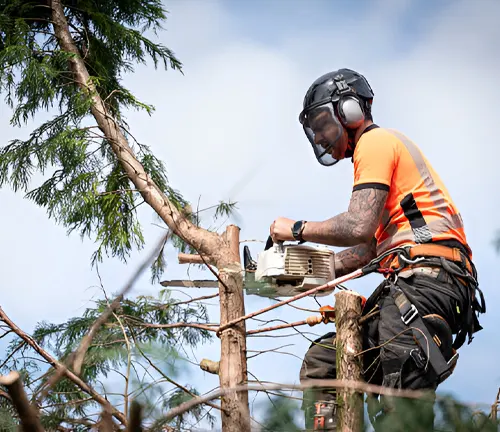 A worker performing thinning from above (crown thinning) by removing upper canopy branches with a chainsaw.