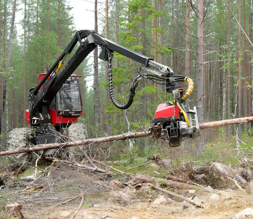 Forestry machine thinning trees in a dense forest, selectively removing smaller trees.