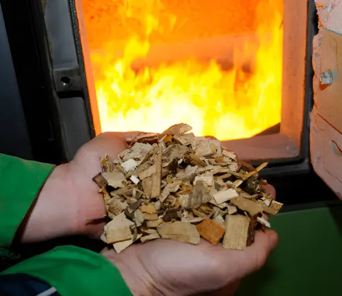 Hands holding wood chips in front of a furnace, representing biomass conversion technology.