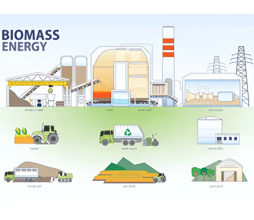 Illustration of biomass energy process, highlighting gasification as a conversion method for energy.