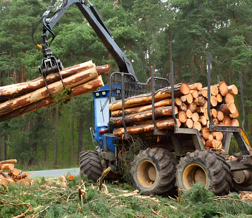 Heavy machinery loading harvested timber logs onto a truck in the forest.