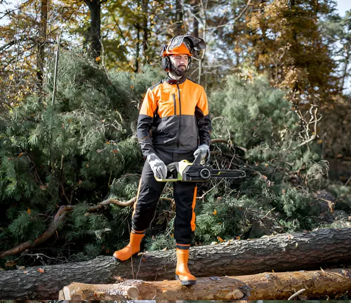 A worker using a chainsaw with full safety gear, demonstrating proper chainsaw use and safety protocols.