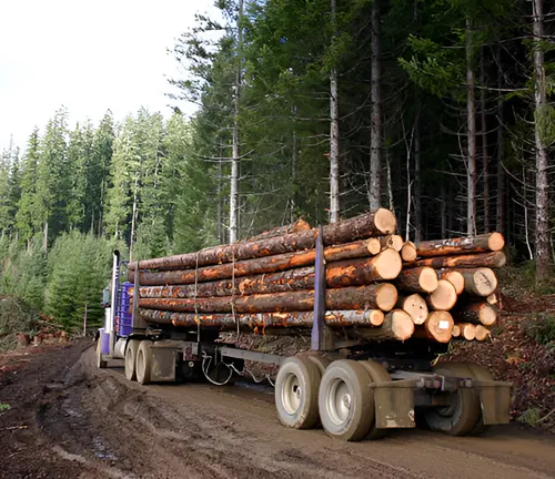 Logging truck on forest road, illustrating the contribution to efficient forestry operations.