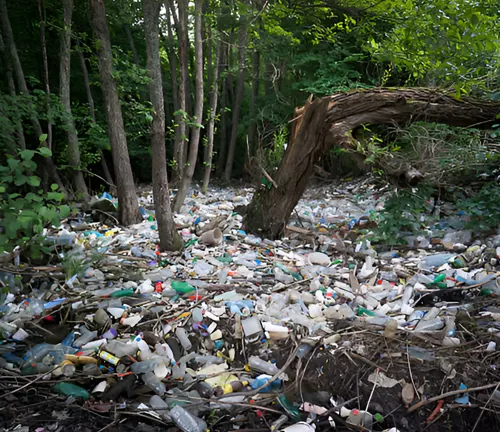 A forest floor littered with plastic waste, illustrating environmental stress that can lead to tree diseases.