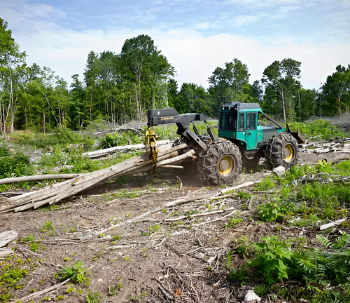 A skidder in operation, demonstrating its use in transporting felled trees in large-scale thinning operations.