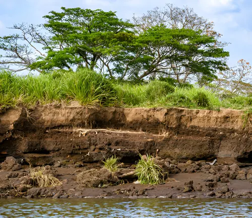 Eroded riverbank showing water erosion effects on the soil structure.