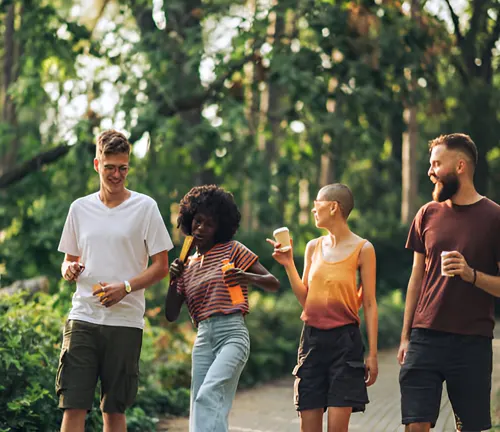 Friends enjoying a walk in the park, illustrating urban forestry's social benefits.