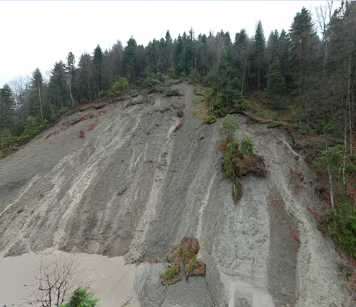 A steep hillside showing signs of gravity-induced erosion with landslides.