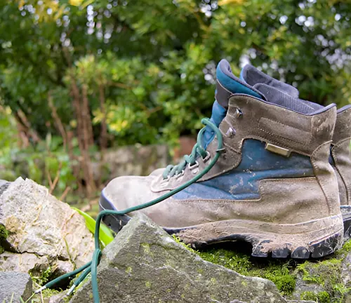 Worn-out steel-toed boots, crucial for protection in logging environments.