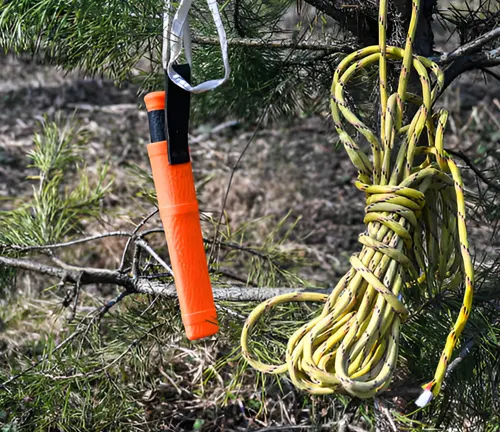 Ropes and safety whistle essential for controlling tree falls during felling.