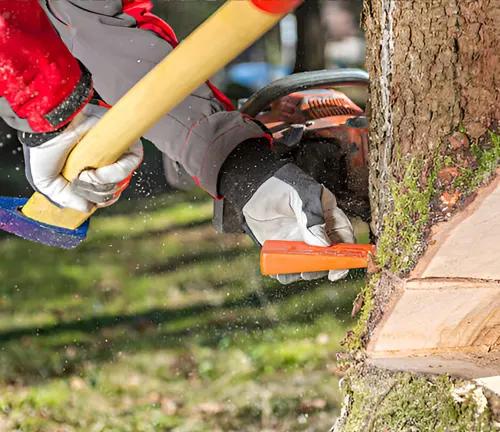 A logger inserting a wedge into a tree cut, an important tool for controlling the direction of a tree's fall.