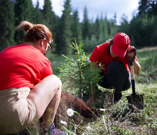 Two women planting a young tree as part of reforestation and afforestation efforts.