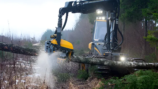 Logging machinery felling and processing trees efficiently, showcasing advanced forestry technology for sustainable logging operations.