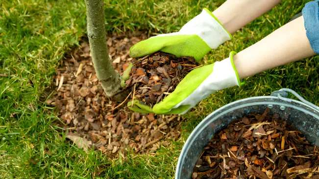 Person applying mulch around a tree base, demonstrating proper mulching for tree health.