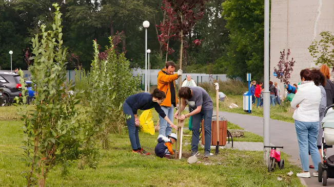 Community members planting trees together, representing public awareness and engagement in urban forestry.