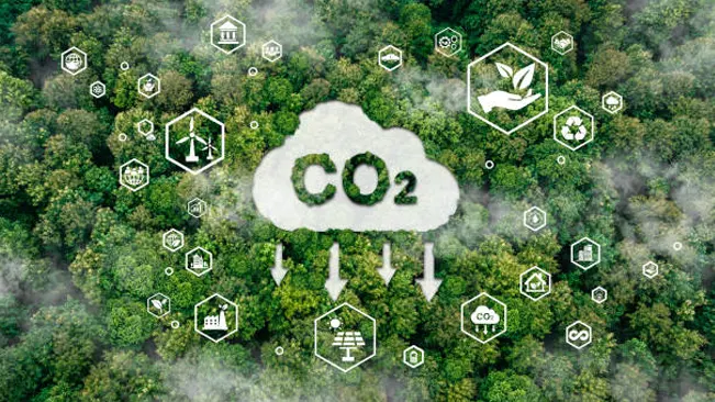 Forest with CO2 cloud and eco-friendly icons representing reduction of greenhouse gas emissions.