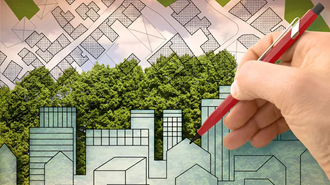 A hand sketching urban plans with greenery, illustrating urban forestry research and innovations.