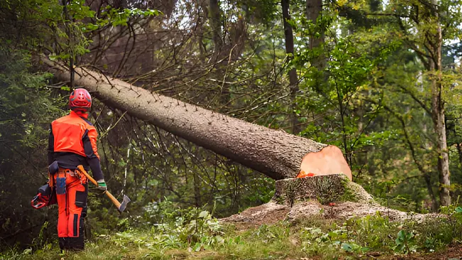 A logger observes as a tree falls, showcasing the critical role of tree felling equipments.