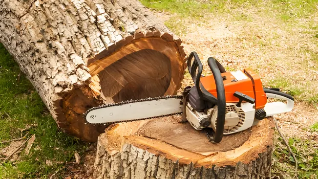 Chainsaw resting on tree stump after felling, emphasizing essential equipment for logging tasks.