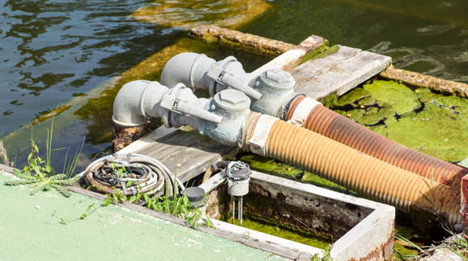 Close-up of large industrial water hoses connected to a pumping station on the edge of a water body, with algae and moss growing around, indicating water extraction or management efforts.