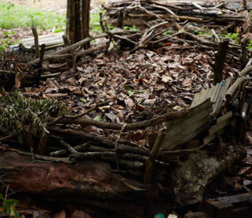 A rustic compost pile surrounded by a makeshift fence of branches and wood. The compost is composed of dried leaves, twigs, and organic matter, blending into the natural forest setting.