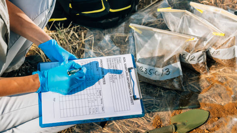  "A researcher wearing blue gloves records data on a clipboard while conducting soil sampling in a field. Plastic bags filled with soil samples are laid out nearby."