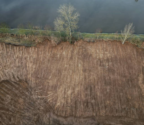 "A steep, eroded riverbank with exposed soil layers and visible tree roots. The top of the bank shows sparse vegetation, with a few bare trees near the edge overlooking the water below."