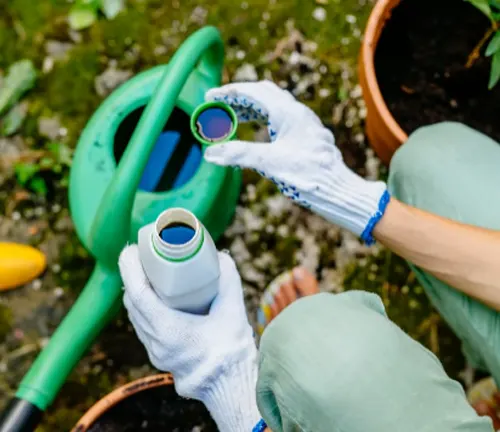 Person preparing liquid fertilizer for a mango tree with a watering can.